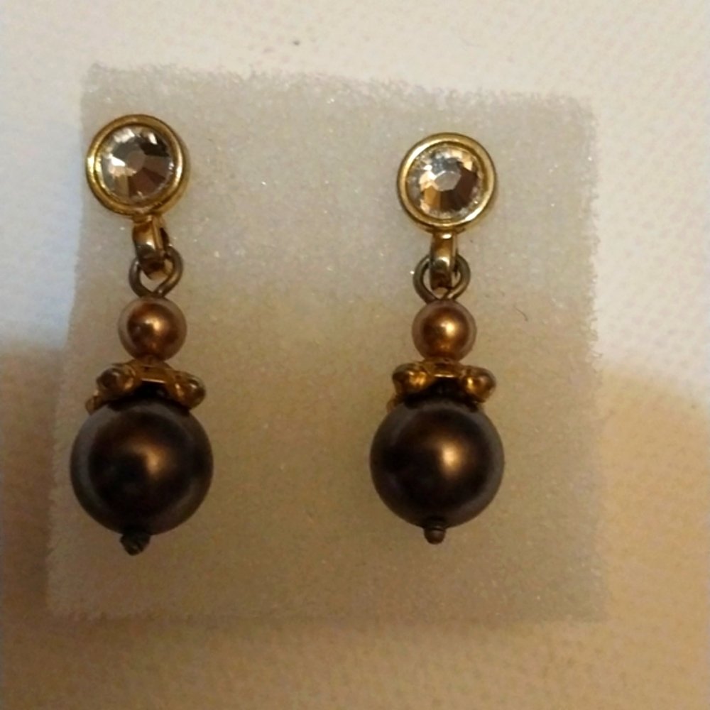 BRIGHTON EARRINGS  Dark Pearl Drop Large Diamond Stud Pierced